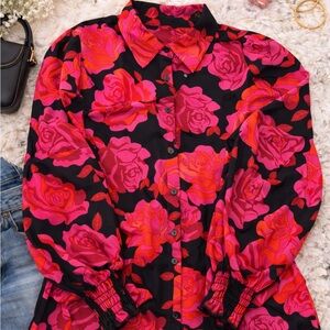 Pink Rose Floral Button Down Blouse Size M Statement Sleeve